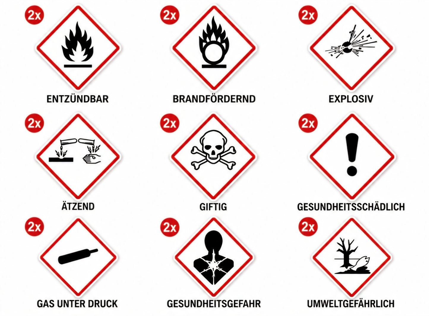 GHS Gefahrstoff-Aufkleber 9 Symbole Set CLP Kennzeichnung 50x50 / 100x100