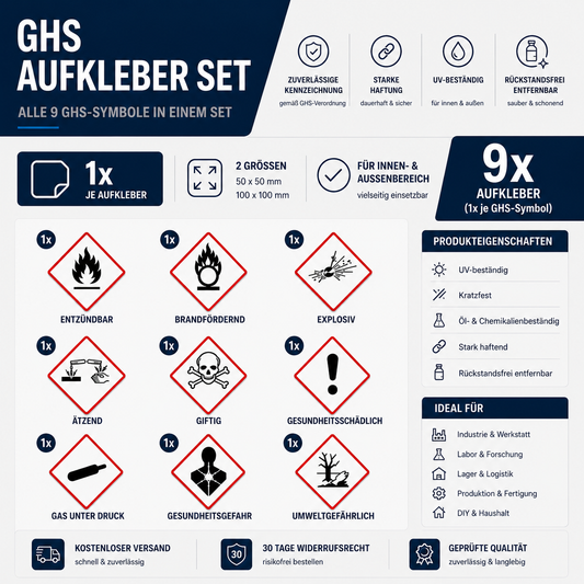 GHS Gefahrstoff-Aufkleber 9 Symbole Set CLP Kennzeichnung 50x50 / 100x100
