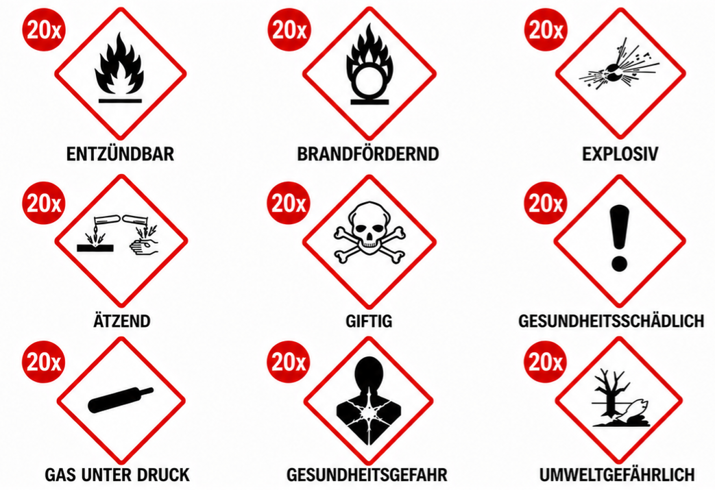 GHS Gefahrstoff-Aufkleber 9 Symbole Set CLP Kennzeichnung 50x50 / 100x100