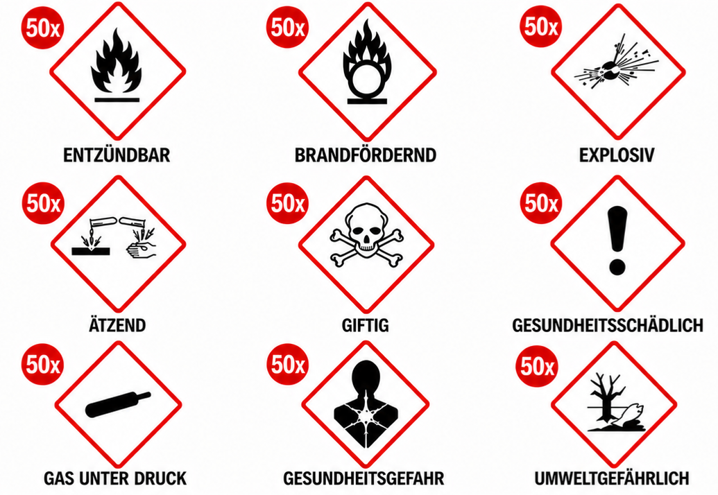 GHS Gefahrstoff-Aufkleber 9 Symbole Set CLP Kennzeichnung 50x50 / 100x100