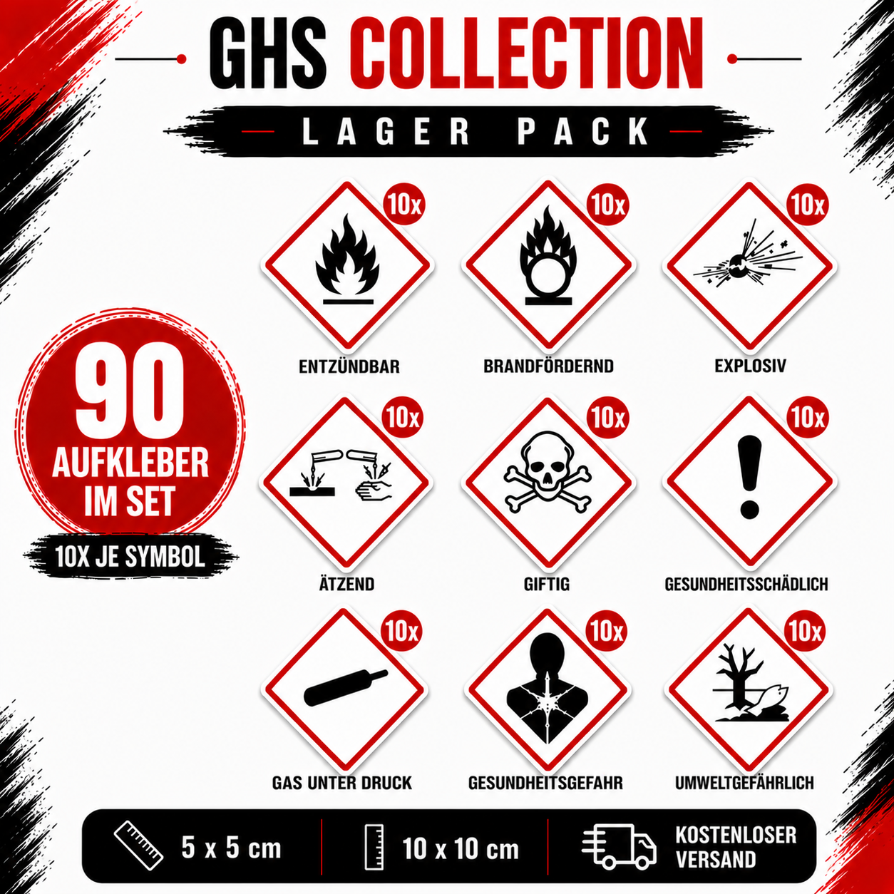 GHS Gefahrstoff-Aufkleber Set | GHS Hazard Label Sticker Set – Alle 9 GHS-Symbole | All 9 GHS Symbols
