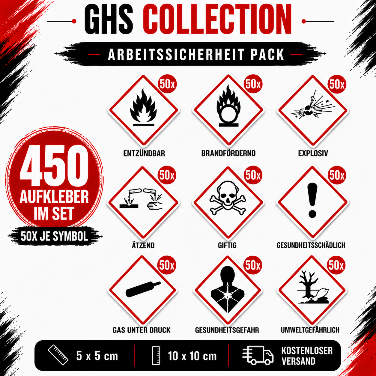 GHS Gefahrstoff-Aufkleber Set | GHS Hazard Label Sticker Set – Alle 9 GHS-Symbole | All 9 GHS Symbols