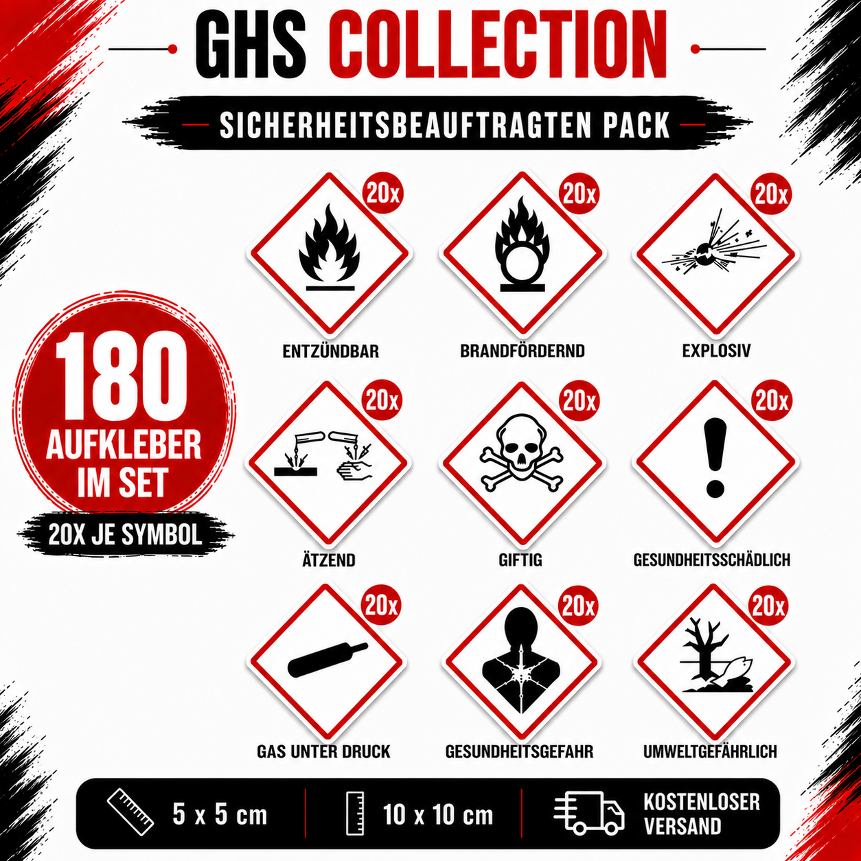 GHS Gefahrstoff-Aufkleber Set | GHS Hazard Label Sticker Set – Alle 9 GHS-Symbole | All 9 GHS Symbols