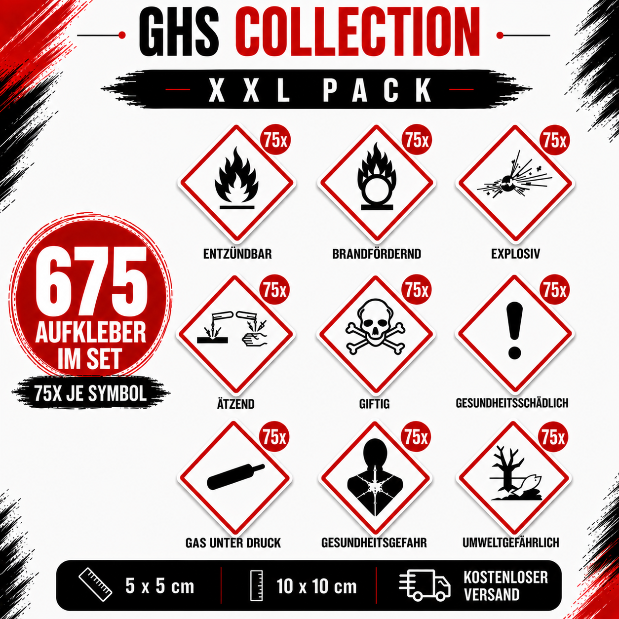 GHS Gefahrstoff-Aufkleber Set | GHS Hazard Label Sticker Set – Alle 9 GHS-Symbole | All 9 GHS Symbols