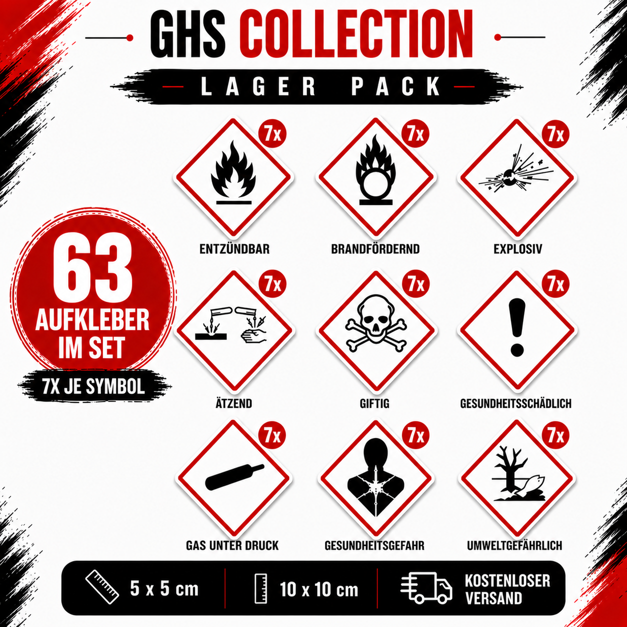 GHS Gefahrstoff-Aufkleber Set | GHS Hazard Label Sticker Set – Alle 9 GHS-Symbole | All 9 GHS Symbols