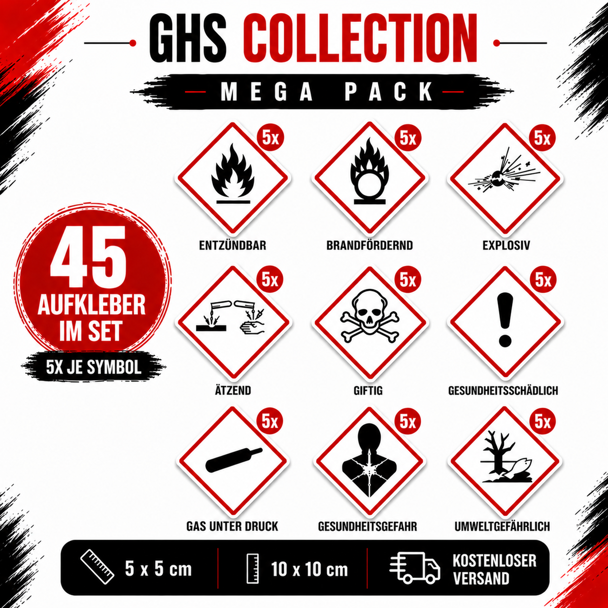 GHS Gefahrstoff-Aufkleber Set | GHS Hazard Label Sticker Set – Alle 9 GHS-Symbole | All 9 GHS Symbols