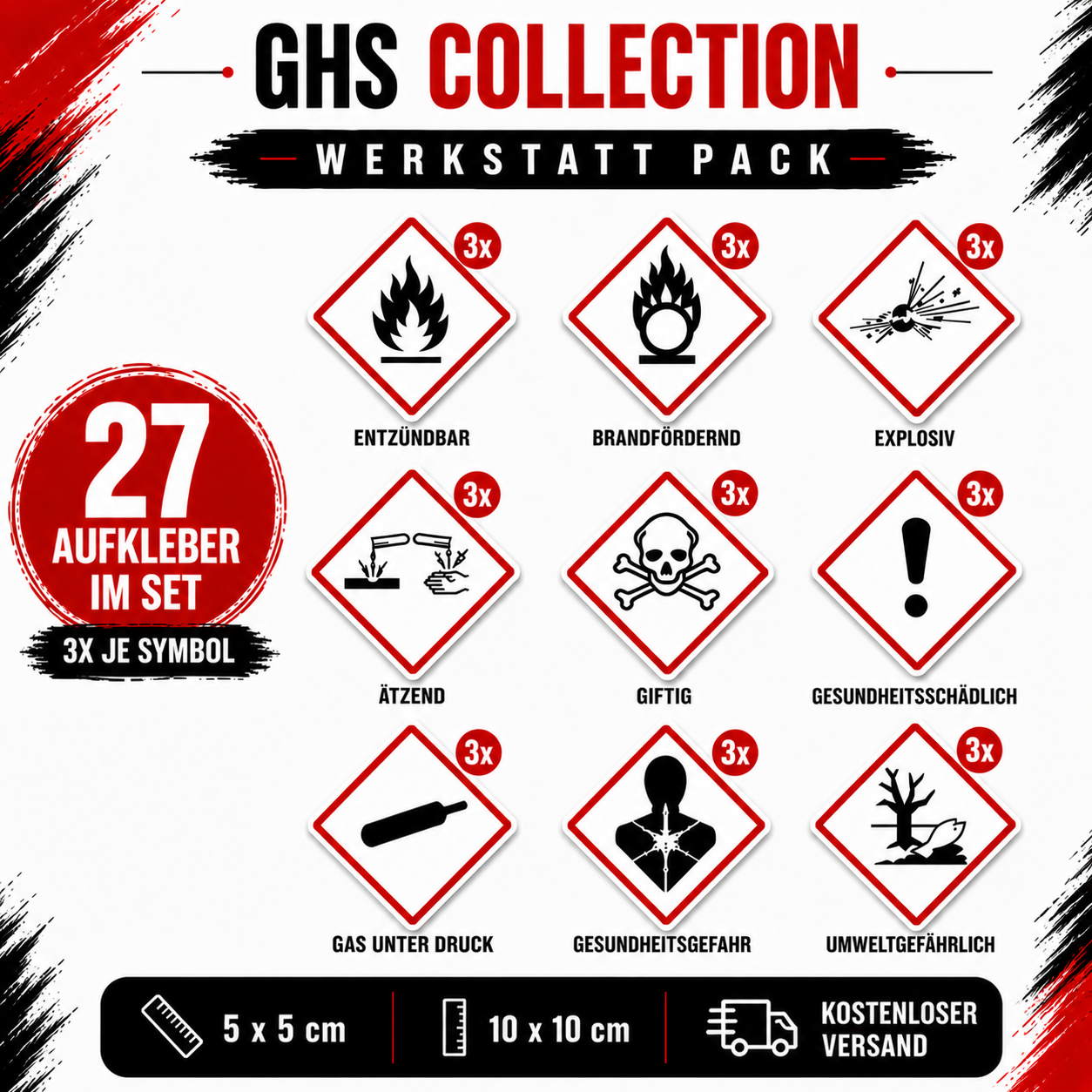 GHS Gefahrstoff-Aufkleber Set | GHS Hazard Label Sticker Set – Alle 9 GHS-Symbole | All 9 GHS Symbols