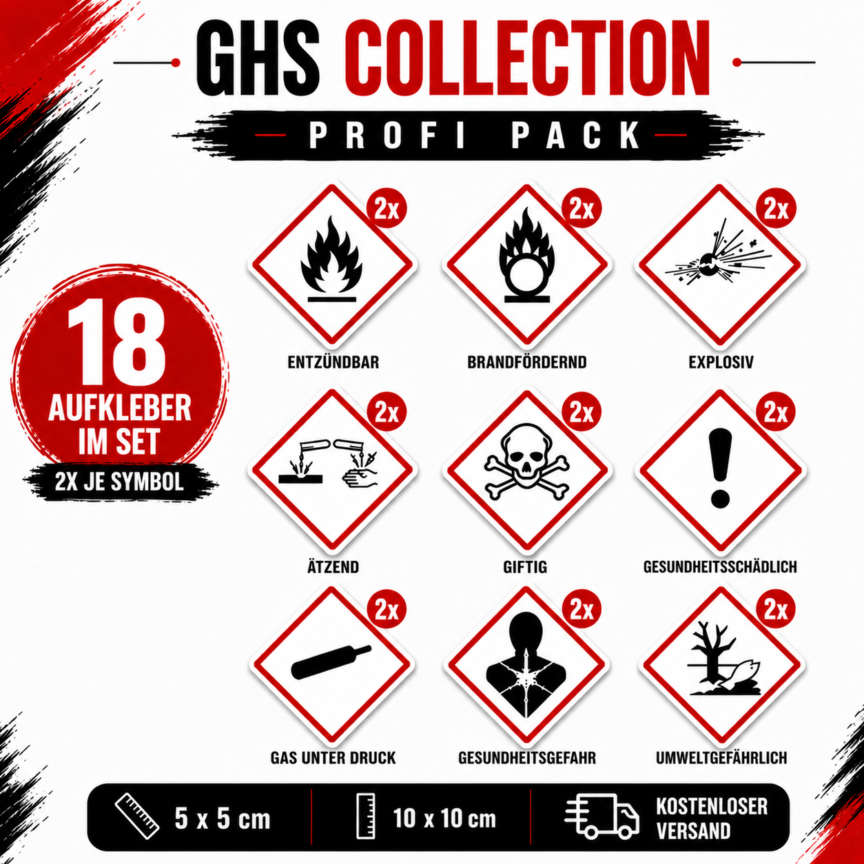 GHS Gefahrstoff-Aufkleber Set | GHS Hazard Label Sticker Set – Alle 9 GHS-Symbole | All 9 GHS Symbols
