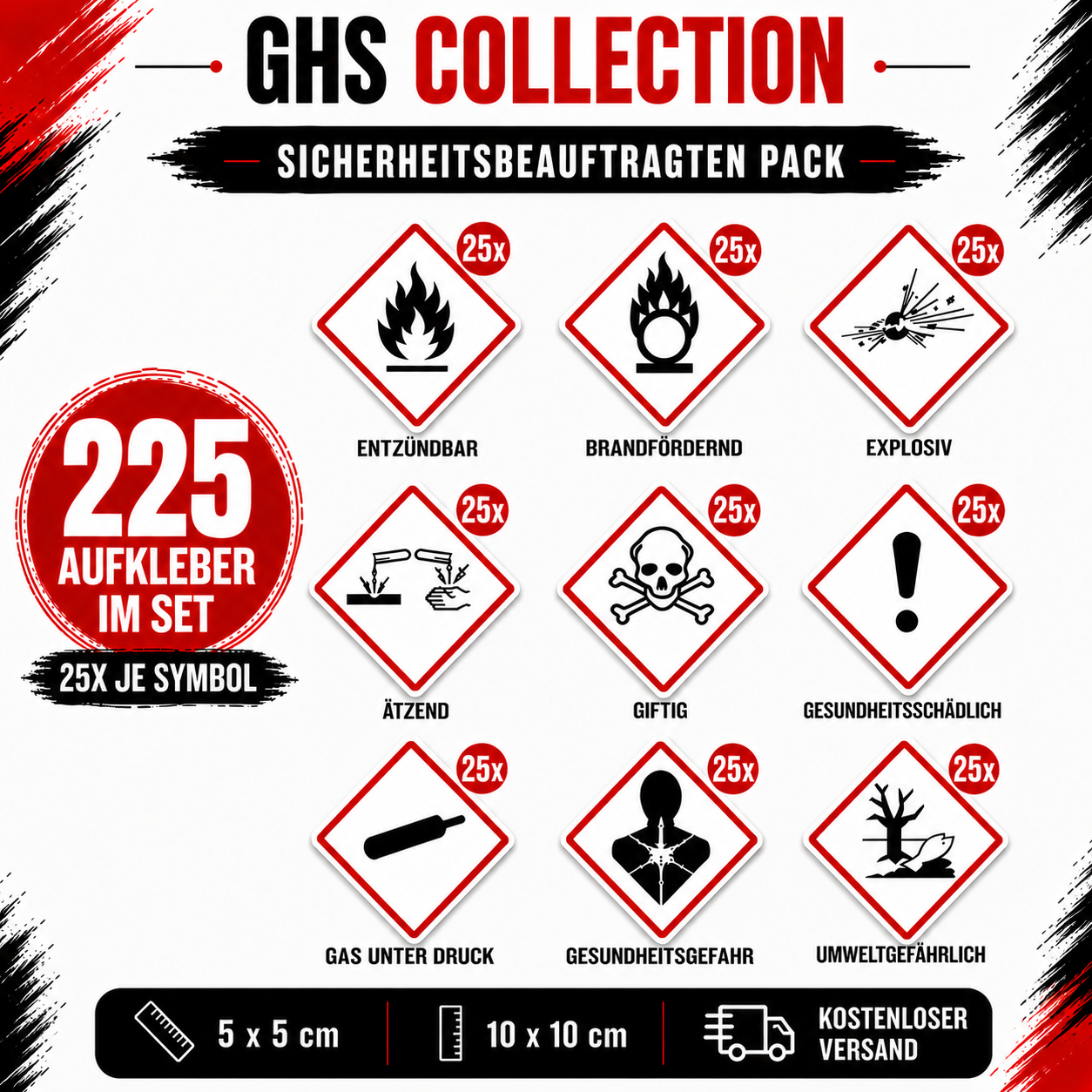 GHS Gefahrstoff-Aufkleber Set | GHS Hazard Label Sticker Set – Alle 9 GHS-Symbole | All 9 GHS Symbols