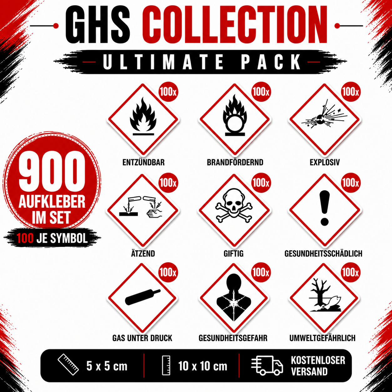 GHS Gefahrstoff-Aufkleber Set | GHS Hazard Label Sticker Set – Alle 9 GHS-Symbole | All 9 GHS Symbols