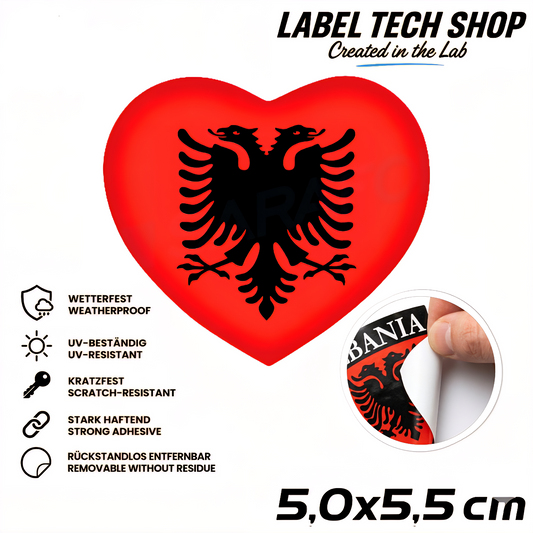 🇦🇱 Albanien Herz Aufkleber Albania Heart Sticker Zemra Shqiptare Sticker Adler 5,0x5,5cm NR.005