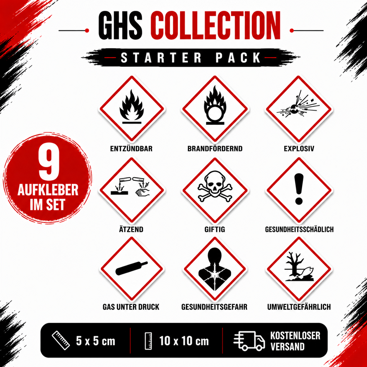 GHS Gefahrstoff-Aufkleber Set | GHS Hazard Label Sticker Set – Alle 9 GHS-Symbole | All 9 GHS Symbols